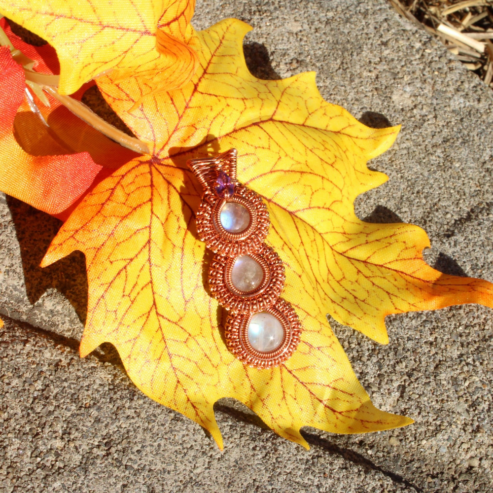 Rainbow Moonstone & Amethyst Copper Pendant | Wire Wrapped Crystal Necklace